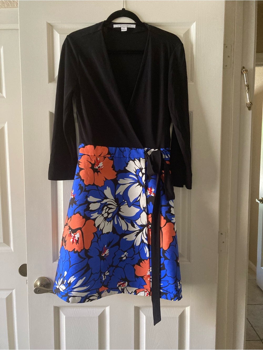 Diane Von Furstenberg Black Wrap Dress with Blue & Orange Floral Skirt